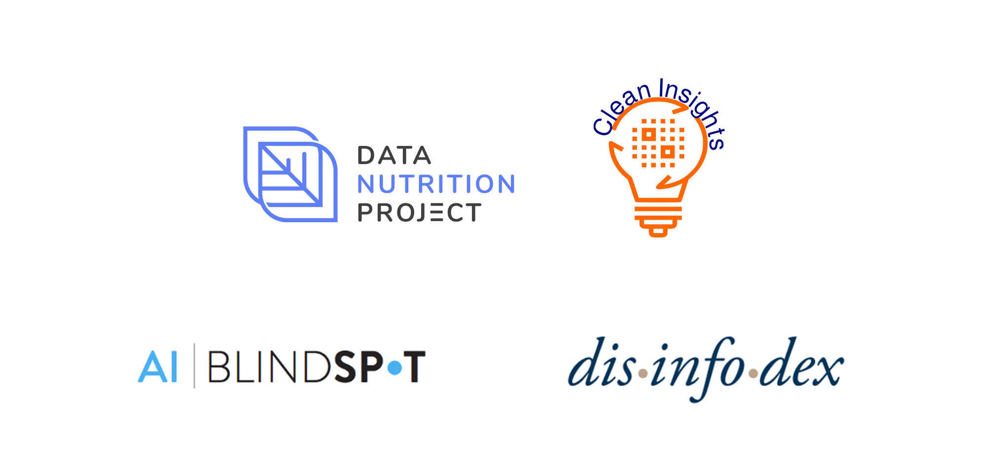 Logos for the five Assembly 2021 Fellowship Projects: Clean Insights, equalAIs, the Data Nutrition Project, AI Blindspot, and Disinfodex
