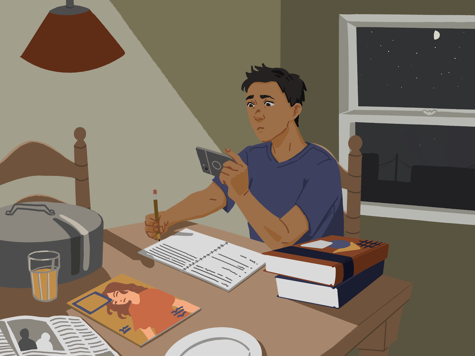 An illustration of a student looking at his phone while doing homework