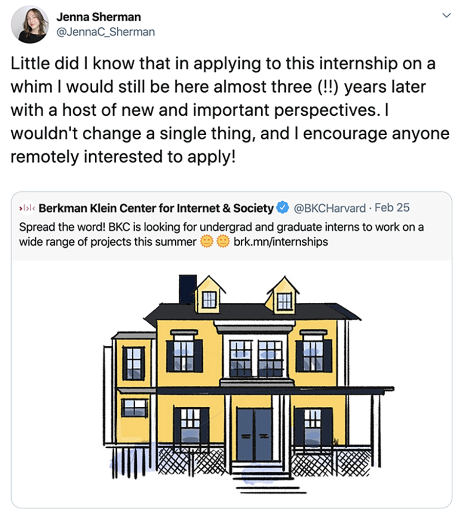A tweet from Jenna Sherman: Little did I know that in applying to this internship on a whim I would still be here almost three (!!) years later with a host of new and important perspectives. I wouldn't change a single thing, and I encourage anyone remotely interested to apply!