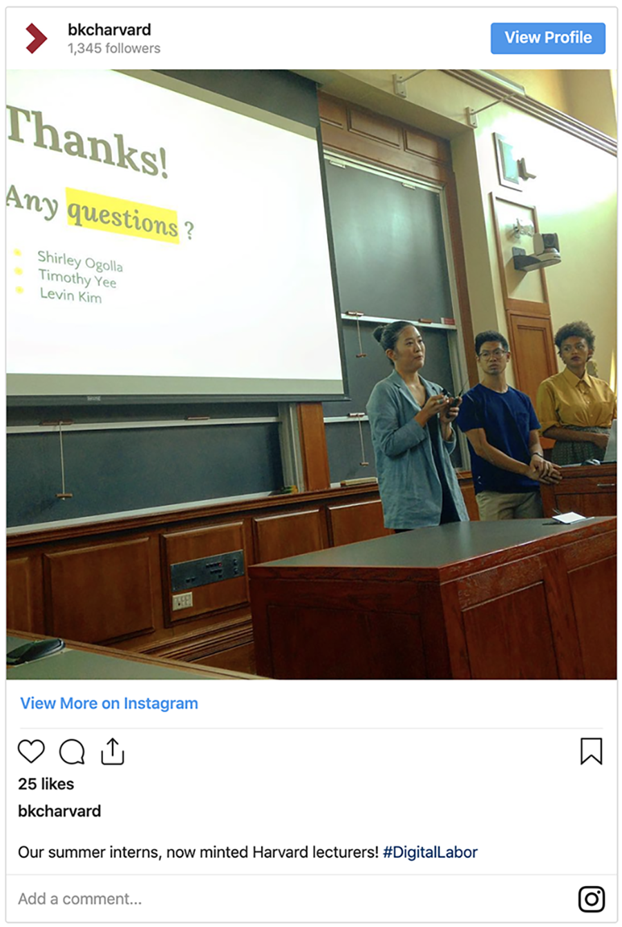 Instagram post with three students presenting their work. Caption: “Our summer interns, now minted Harvard lecturers! #DigitalLabor”