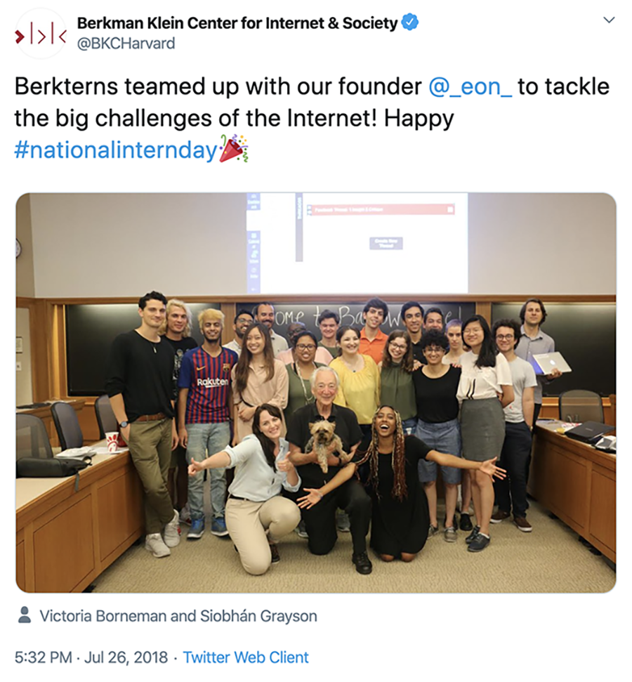 Image of a twitter post with a group photo. Tweet reads: Berkterns teamed up with our founder @_eon_ to tackle the big challenges of the Internet! Happy #nationalinternday?