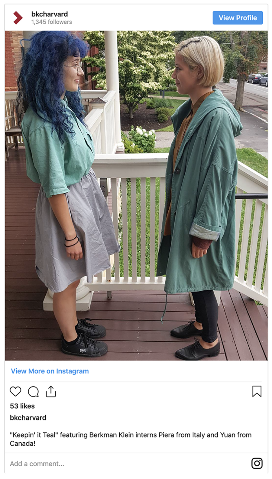 Image of an instagram post with two interns facing eachother. Caption: ""Keepin' it Teal" featuring Berkman Klein interns Piera from Italy and Yuan from Canada!" 