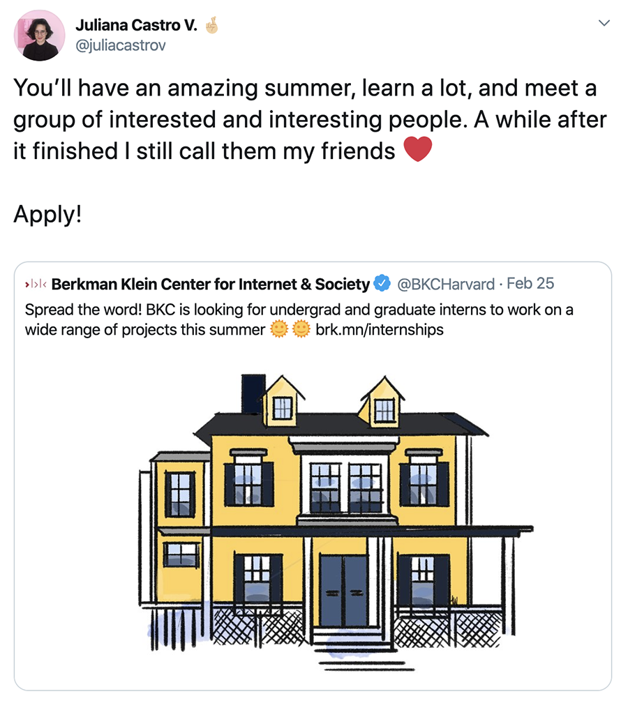 Image of a twitter post. Caption: You’ll have an amazing summer, learn a lot, and meet a group of interested and interesting people. A while after it finished I still call them my friends [Red heart emoji] Apply!