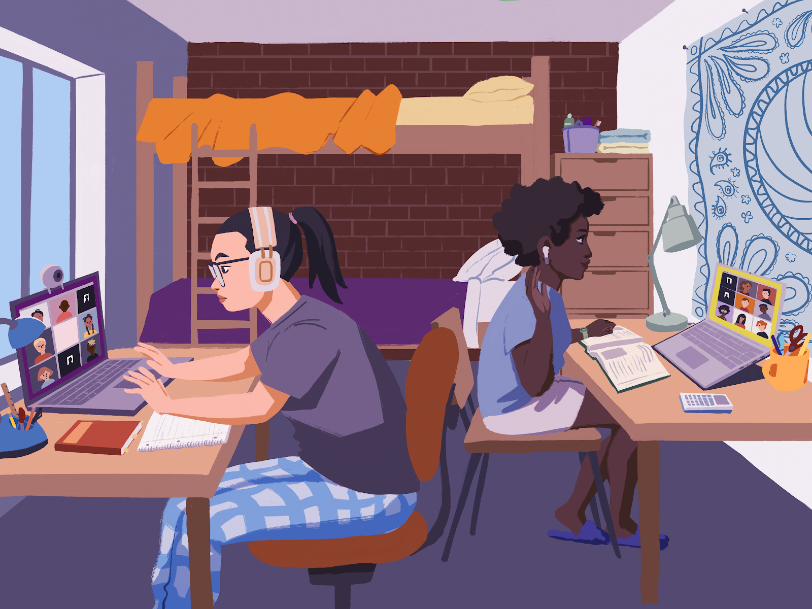 An illustration of two students in a dorm room, logged in to zoom. 