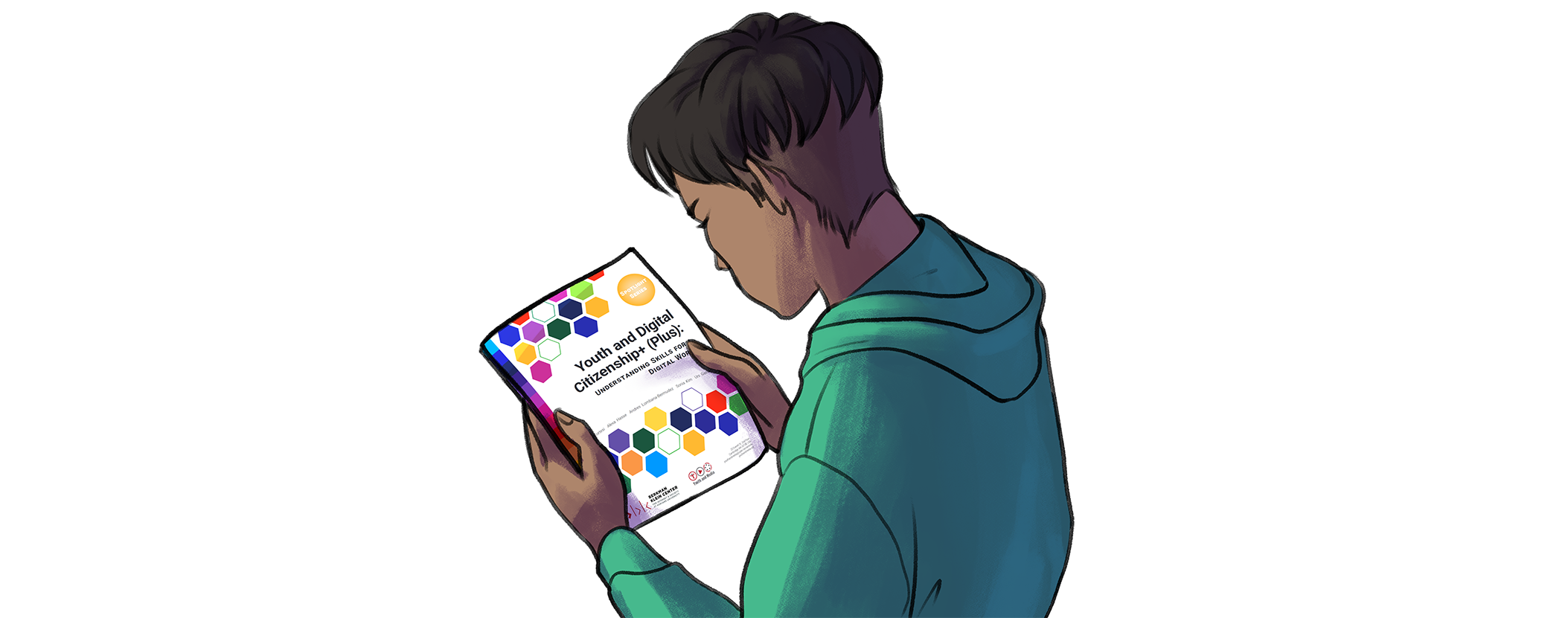 Illustration of a young person reading the digital citizenship report